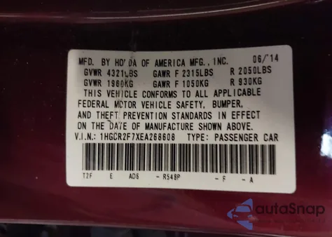 2014 Honda Accord Ex из США, поврежденный, VIN 1HGCR2F7XEA268608